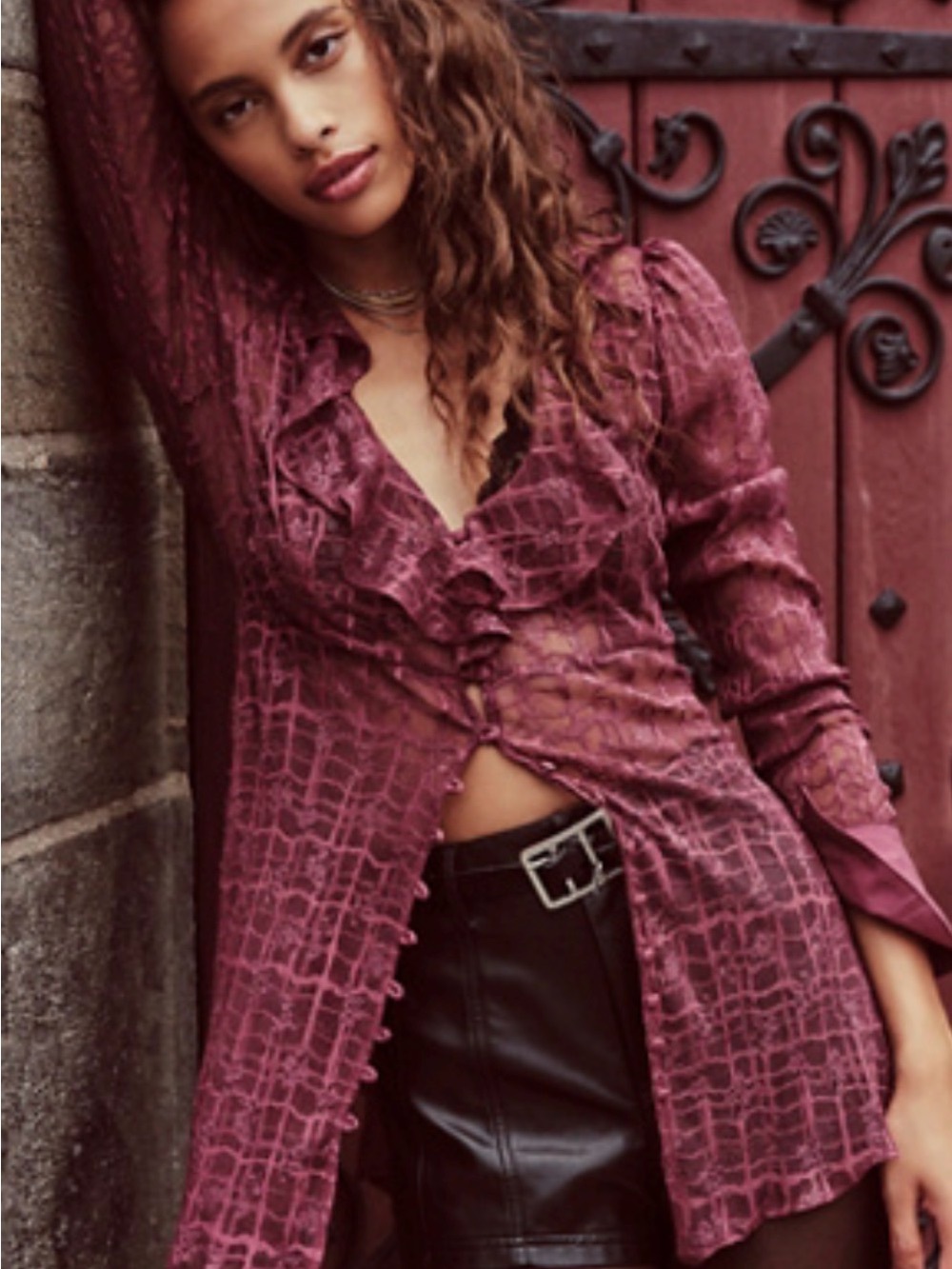 Free People Night Moves Lace Buttondown Top Blouse Romantic Burgundy Wine XS 367